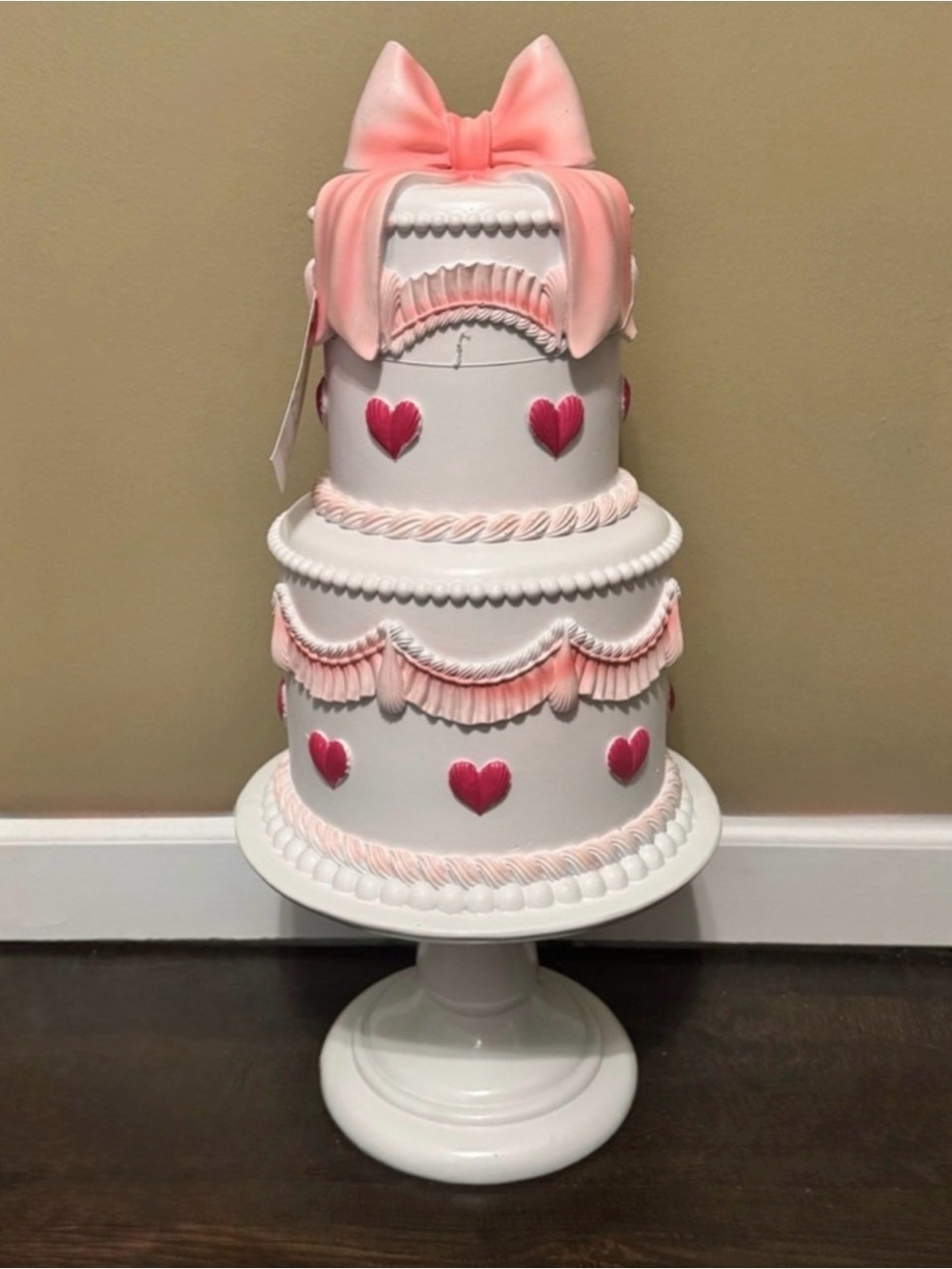 Pink and White Decorative Faux Cake Centerpiece pink bow decor